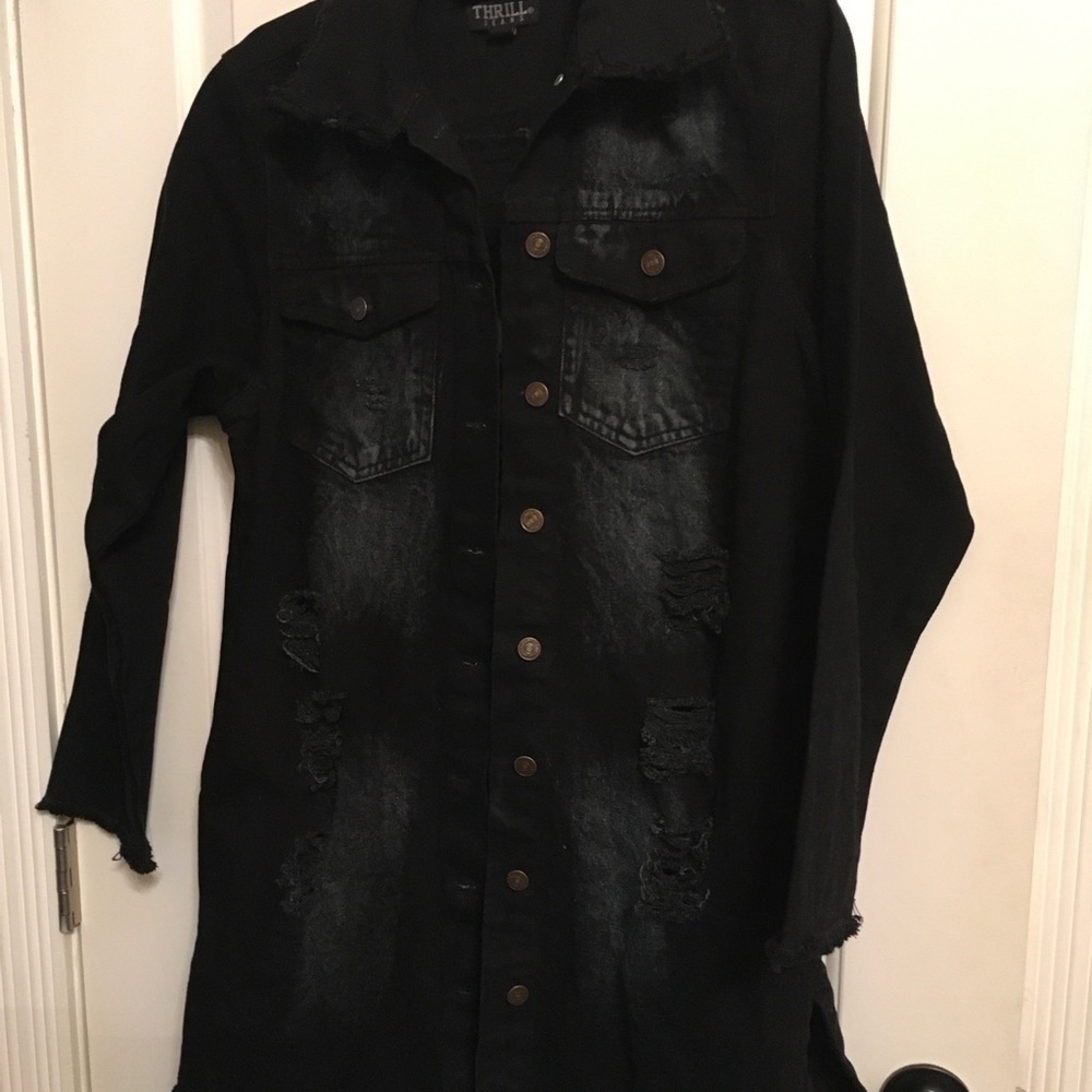 Black Distressed denim Long Jacket,NEW!
